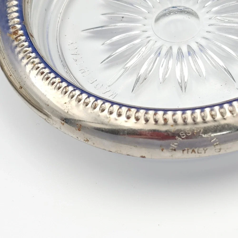 Set of 2 Glass & Brass Plated Sunburst Coasters‎ Made in Italy Leonard